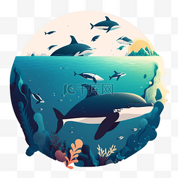 蓝色海洋海豚图片_鲸鱼蓝色海洋世界插画