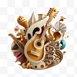 创意吉他插画图片_吉他音符折纸立体插画