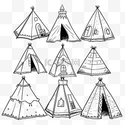 手绘书线条图片_手绘传统 tipi 帐篷轮廓草图的集合