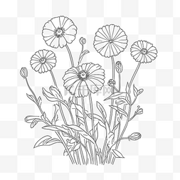 黑白花卉线条图片_两排花在轮廓图案着色页素描 向