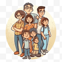 四口之家卡通图片_家庭日八口之家黄色背景图案