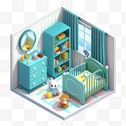 建筑楼梯插画图片_3d房间模型婴儿房蓝色整洁图案