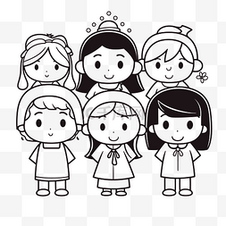 六个可爱的卡通女孩着色页轮廓素