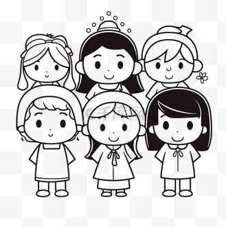 六个可爱的卡通女孩着色页轮廓素描 向量