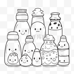 水瓶素描图片_着色页与许多可爱的牛奶瓶轮廓素