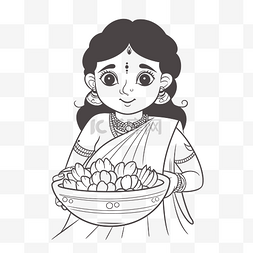 拿着花碗的印度女孩正拿着一碗莲