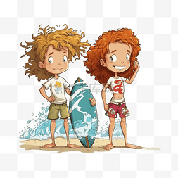 夏天海浪沙滩男孩女孩卡通风格