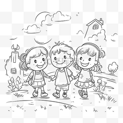 孩子绘图图片_公园里的三个孩子着色页轮廓素描
