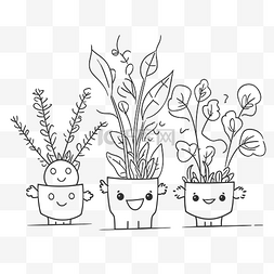 花盆里的三种植物着色页轮廓草图