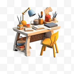 办公创意用品图片_书桌办公桌可爱卡通立体插画