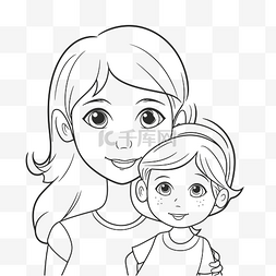 母亲和女儿为小孩着色页轮廓素描