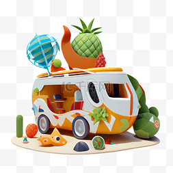 夏日旅行季图片_夏季沙滩车可爱卡通3d