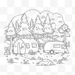 露营者轮廓图和森林素描露营 向