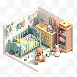 3d房间模型婴儿房浅色图案