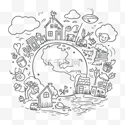 白色房屋图片_地球涂鸦着色页与世界各地的房屋