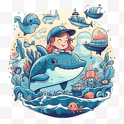 蓝色卡通海底图片_海洋日女孩鲸鱼环保透明