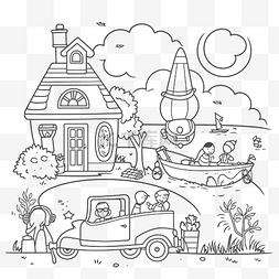 房子和小船儿童着色页轮廓素描 