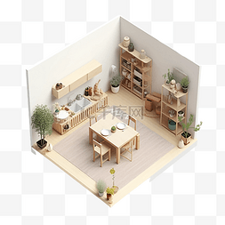 方形木质图片_房间模型建筑厨餐厅