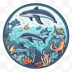 暑期班标签图片_海洋日海豚海底礁石图案