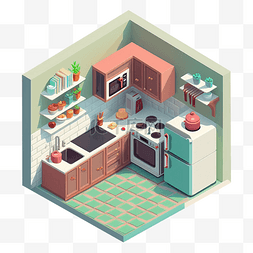 插画手机模型图片_3d房间模型厨房红绿色图案