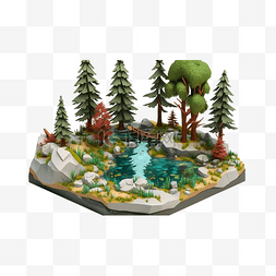 地球模型图片_森林型松树小桥流水自然界环境3d