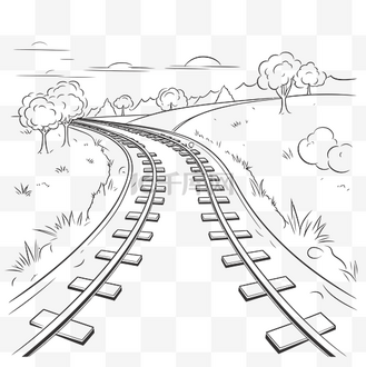 绝美火车风景图片素材_风景着色书轮廓素描中的火车轨道 向量