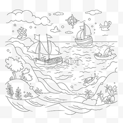 海滩海景图图片_带有小船轮廓草图的海景着色页 