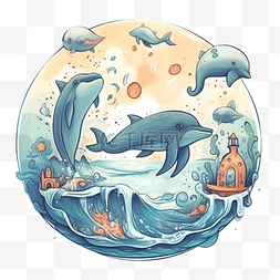 海豚水图片_世界海洋日生态环保插画