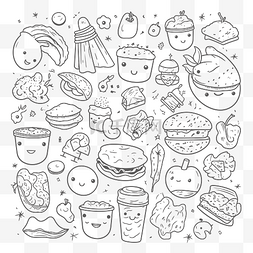 不同的食物和涂鸦在黑白着色背景