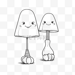 两个卡通蘑菇并排站立轮廓素描 