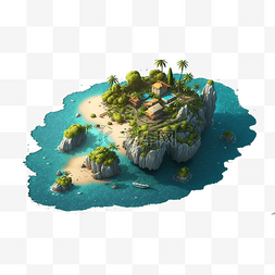 海上的岛屿别墅蓝色海洋25d模型游