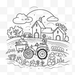 线条艺术人图片_农场有拖拉机和农场着色页轮廓草