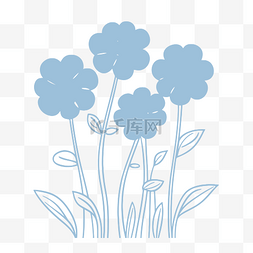 四朵蓝色小花，白色背景上有叶子