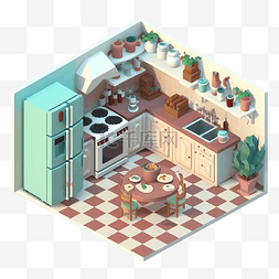 3d房间模型厨房红白地板图案