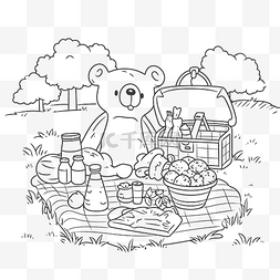 线条篮子图片_熊在篮子里野餐着色页轮廓素描 