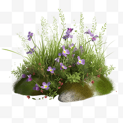 绿色渐变卡通草丛图片_草丛紫色的花朵