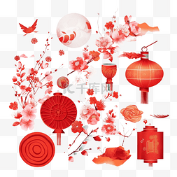 卡通梅花装饰图案图片_春节红色灯笼梅花真实效果