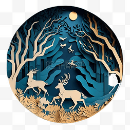森林秘境图片_山羊森林月光剪纸风格