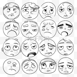 面部照片图片_悲伤情绪集的卡通面孔轮廓素描 