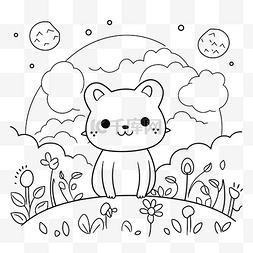 线描猫咪图片_可爱的猫咪彩页，上面写着月亮和