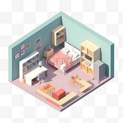 3d房间模型蓝色粉色等距立体