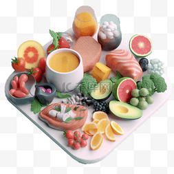营养均衡卡通图片_水果蔬菜肉类立体食物