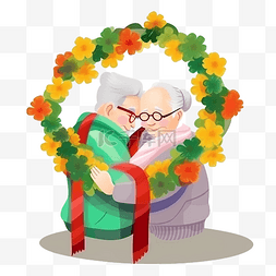 老人拥抱插画图片_祖父母日花环拥抱温馨