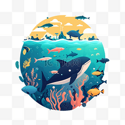 蓝色水鱼图片_珊瑚鱼群海洋日装饰图案