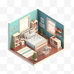 3d房间模型绿色的褐色等距立体