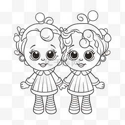 两个小女孩角色着色页轮廓素描 