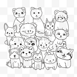 素描猫头图片_一群狗和猫着色页轮廓素描 向量