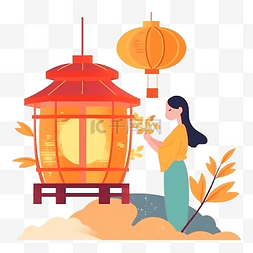 分享月饼图片_中秋节赏月灯笼橙色扁平