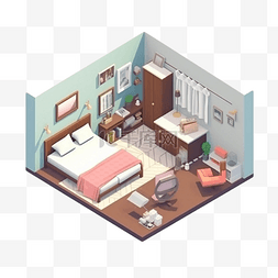 3d房间模型褐色地板蓝色墙体立体