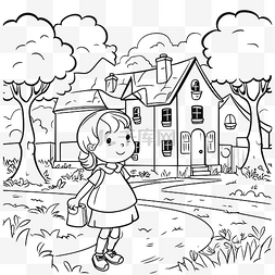 线条篮子图片_拿着篮子走在院子里的小女孩着色